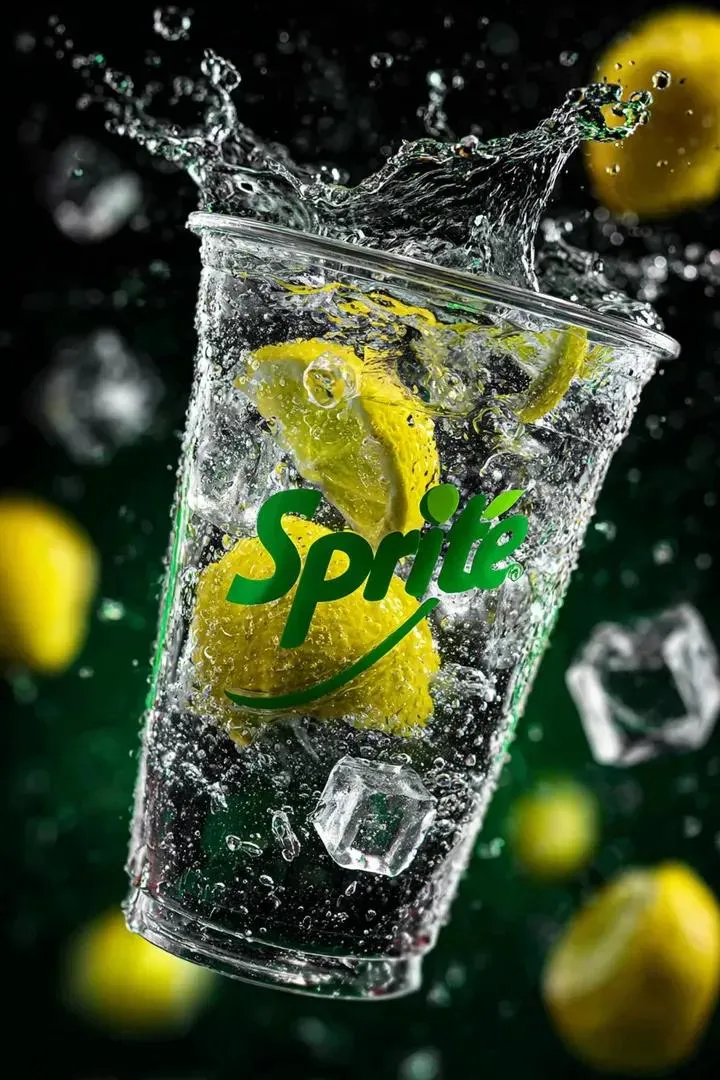 Прозрачный стакан Sprite парит среди кубиков льда, пузырьков и лимонно-лаймовых брызг на чёрно-зелёном фоне.