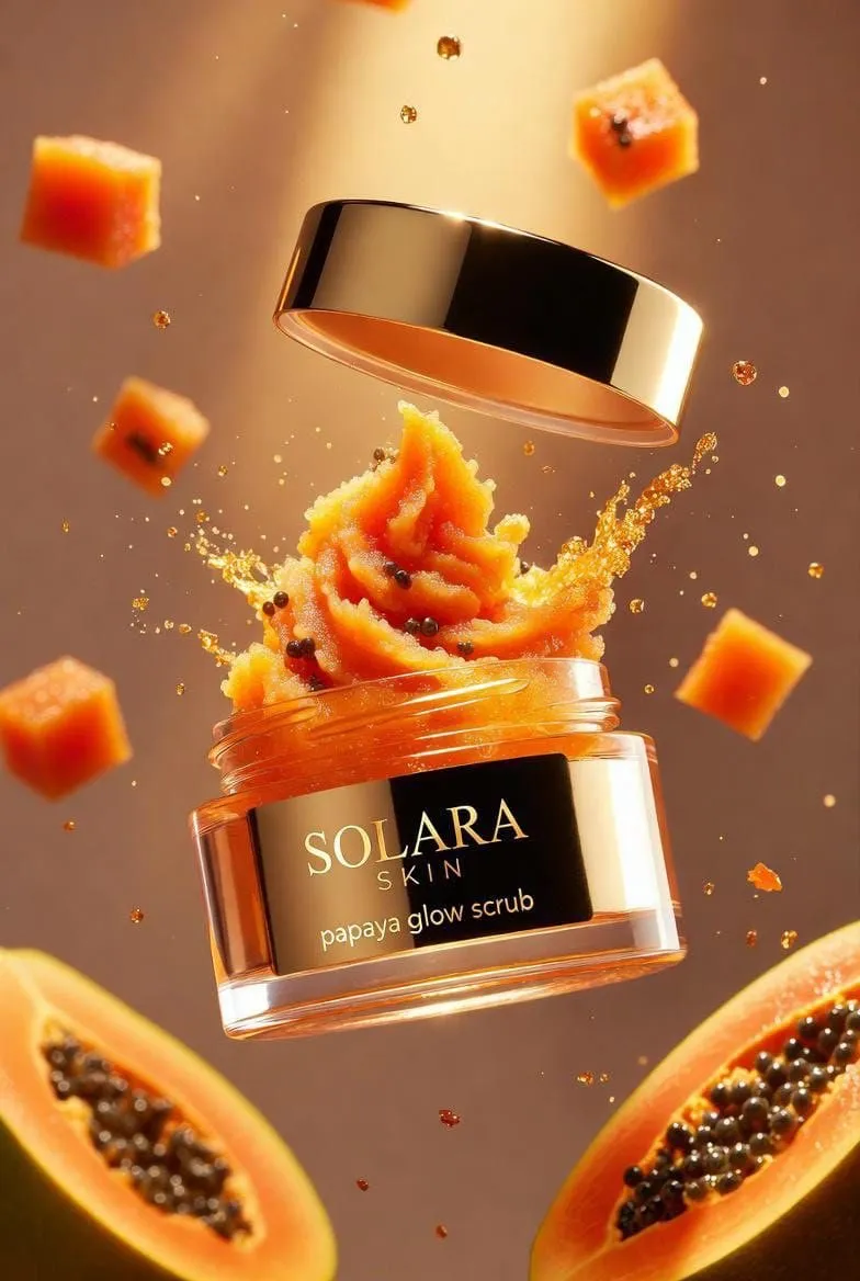 Прозрачная банка SOLARA SKIN парит над оранжевым скрабом, кусочками папайи и золотистыми каплями. · пример 3