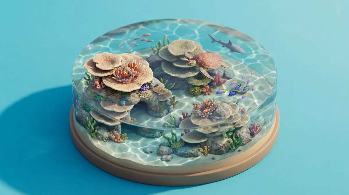 Изометрическая 3D-диорама природной среды с растениями, водой, камнями и животными. · пример 2