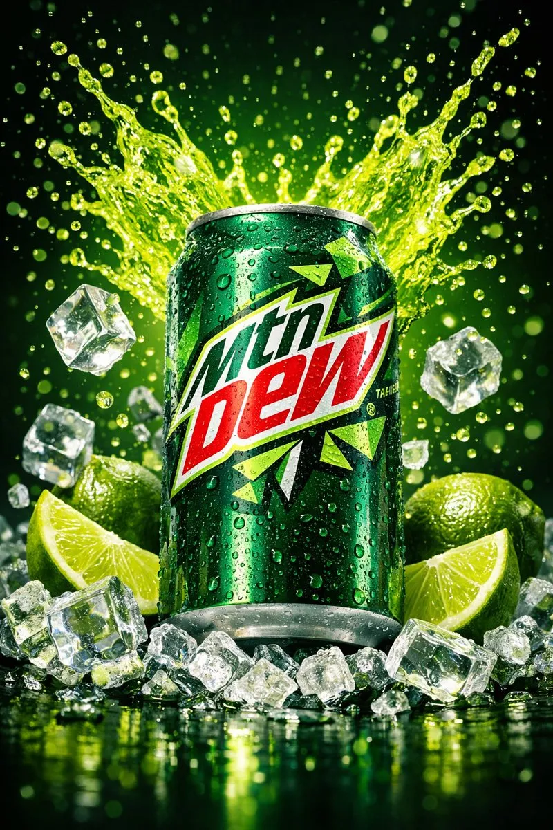 Пример промпта для рекламного рендера банки Mountain Dew с жидкостью, льдом и лаймами. · пример 3