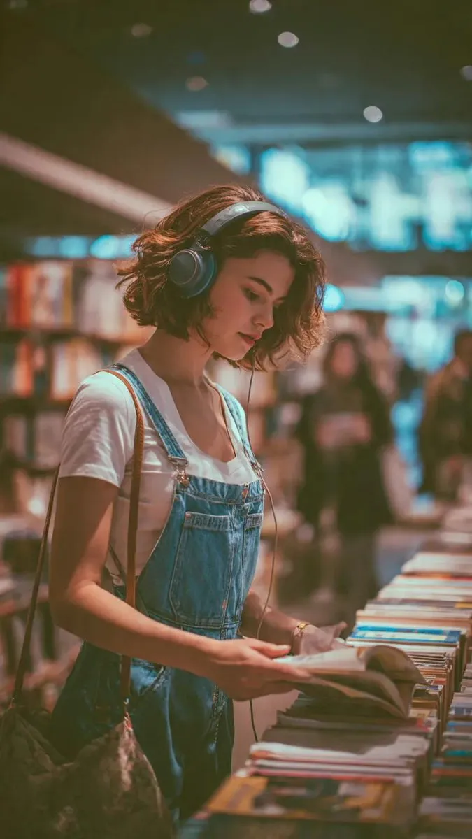 Пример из источника по промпту для кинематографичного кадра в книжном магазине · пример 2