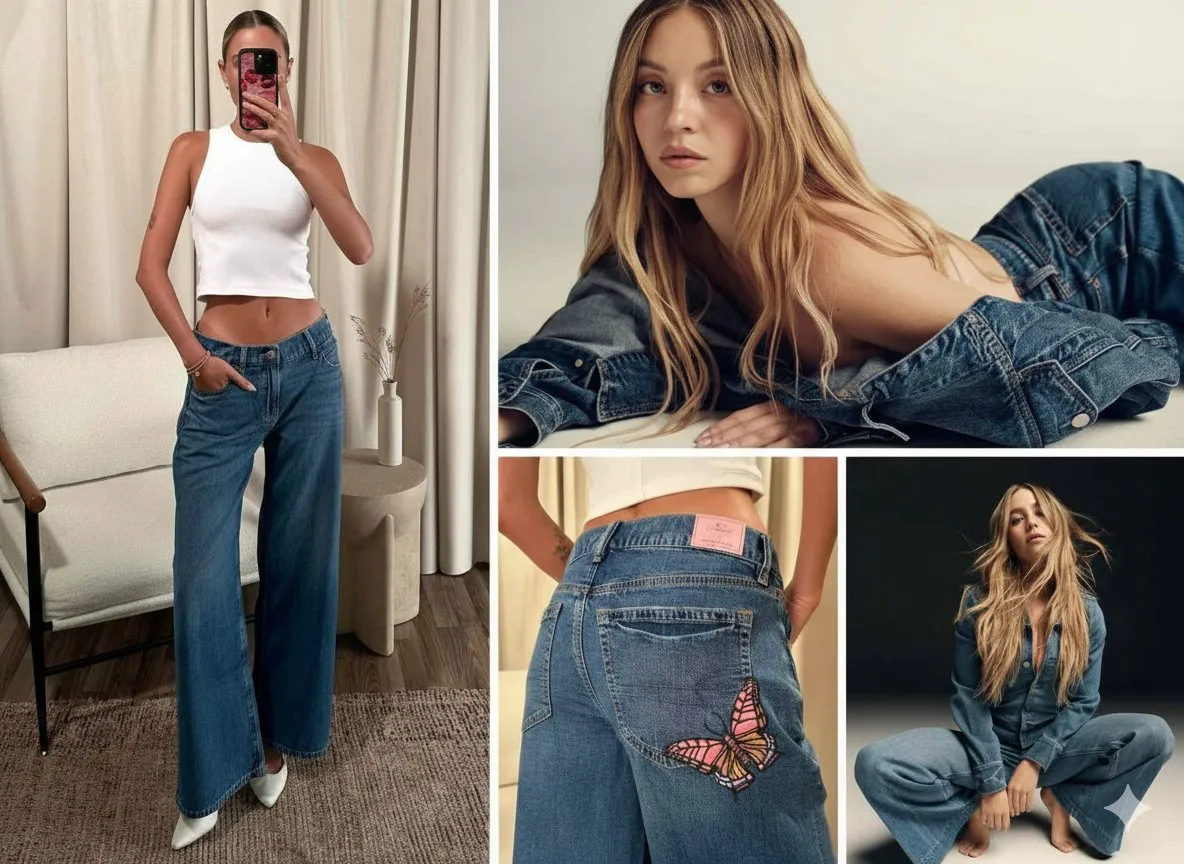 Коллаж с Сидни Суини для American Eagle в широких джинсах с вышивкой бабочек и белом топе.