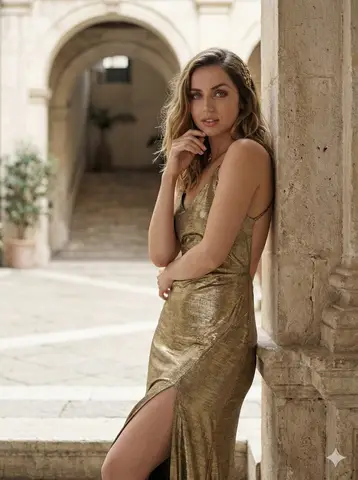 Ana de Armas сидит в мелком мраморном бассейне в белом промокшем платье и золотых украшениях.