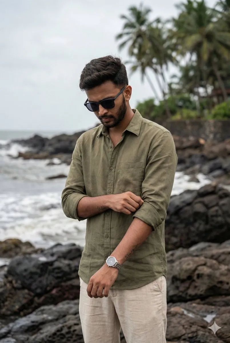 Virat Kohli стоит у скалистого морского берега в льняной рубашке и тёмных очках. · пример 2