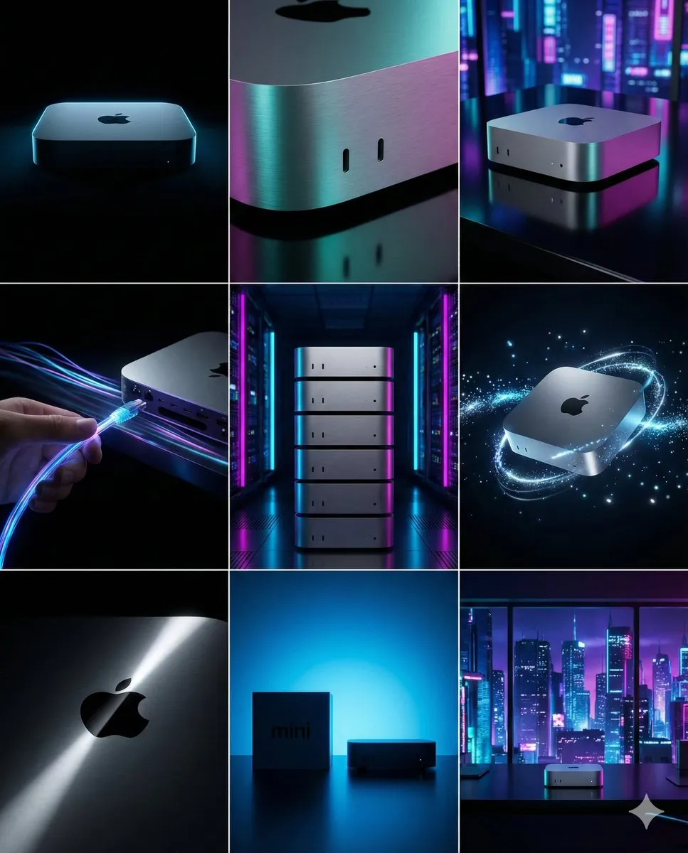 Пример к промпту для раскадровки брендинга Mac mini в сетке 3×3.