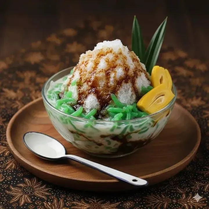 Промпт для фуд-фотографии Nasi Tumpeng с жёлтым рисом, гарнирами и яванским декором. · пример 4