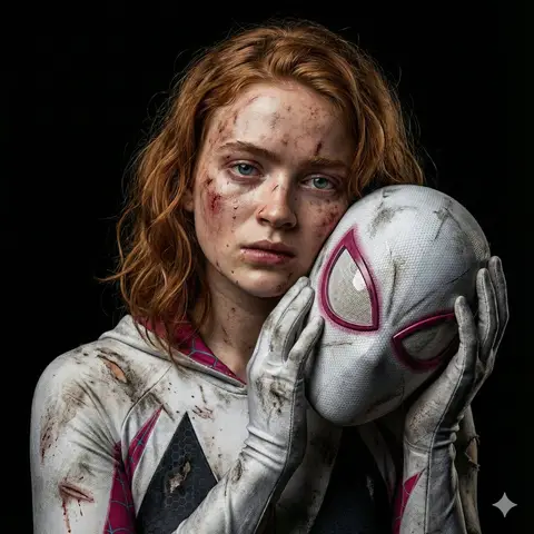 Пример JSON-промпта для драматичного портрета Sadie Sink в костюме Ghost-Spider.