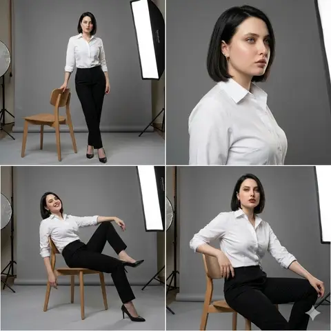 Пример промпта для четырёх модных фотографий в студии с разными ракурсами и реквизитом.