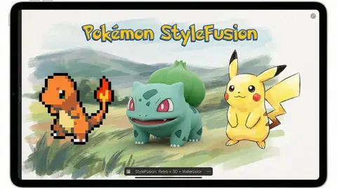 Пример иллюстрации Pokémon, объединяющей пиксельную графику, 3D и акварель.