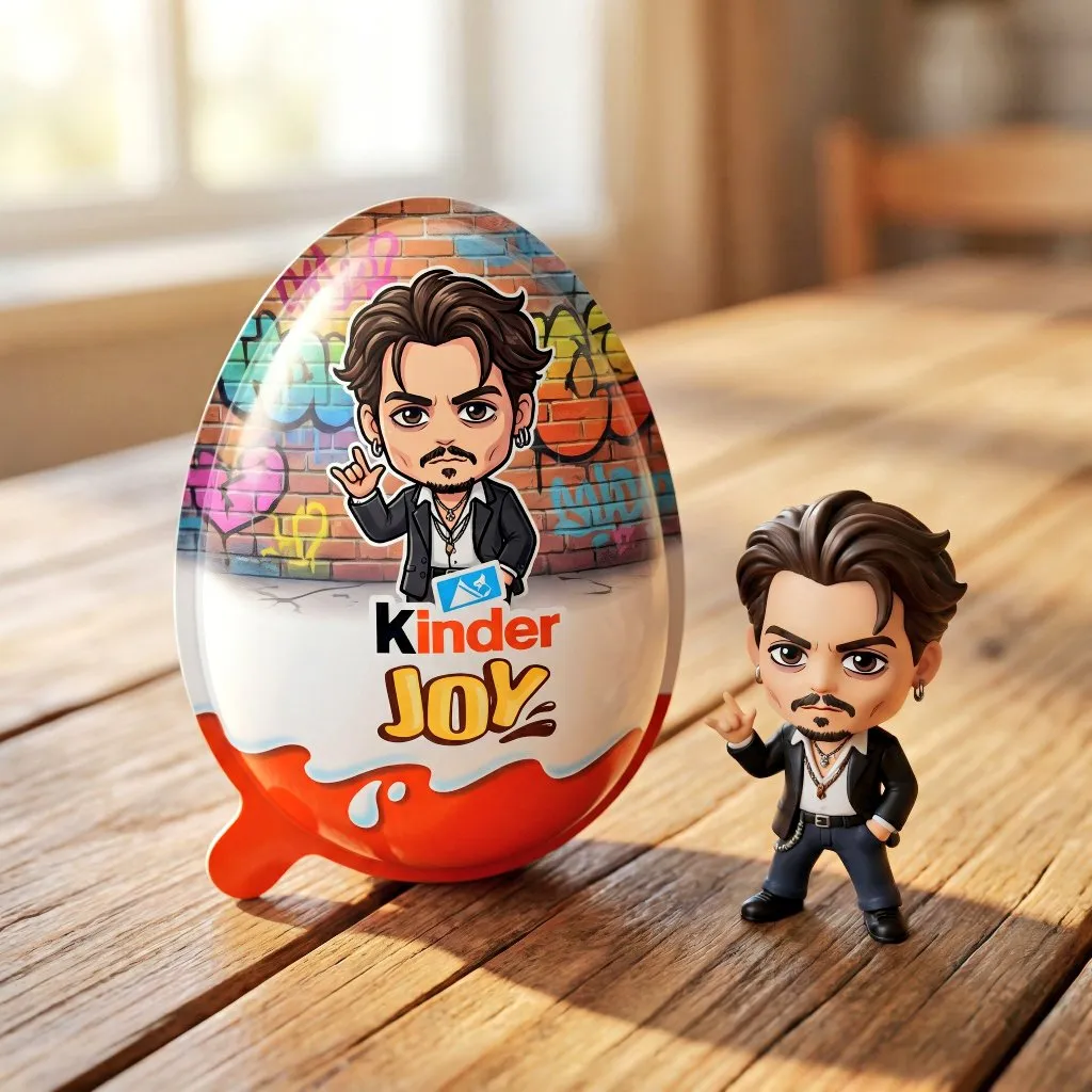 Яйцо Kinder Joy и фигурка персонажа рядом на деревянном столе. · пример 3
