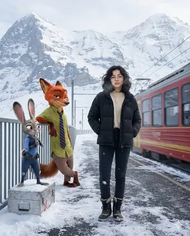 Пример к промпту для зимней сцены на станции с женщиной и персонажами Zootopia.