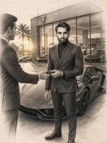 Предприниматель получает ключи у чёрного матового Lamborghini.