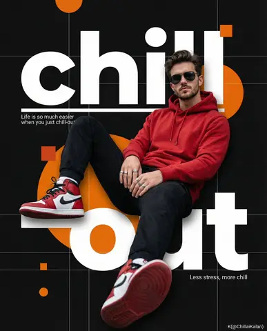 Мужчина в красном худи и кроссовках Air Jordan откинулся на крупные белые слова chill и out на матовом чёрном фоне.