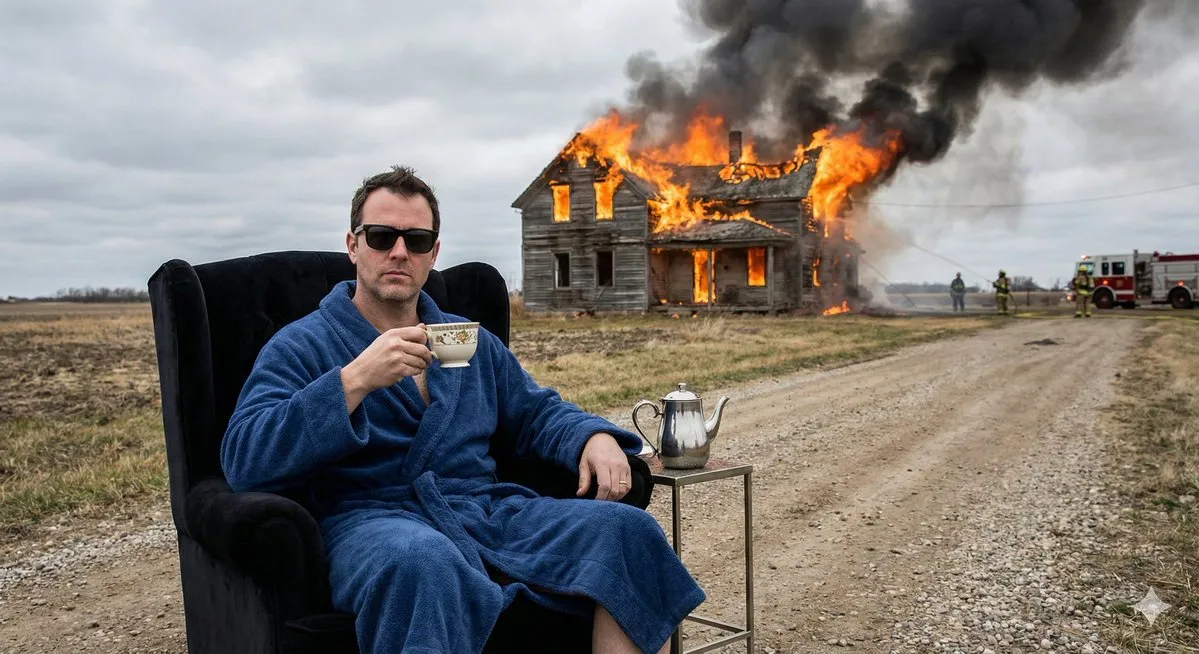 Мужчина в кресле с чашкой на фоне горящего деревянного дома · пример 3