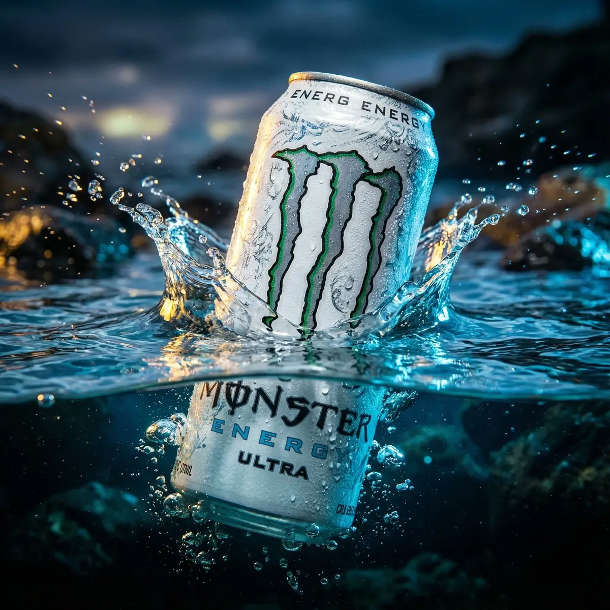 Белая банка Monster Energy Ultra наполовину погружена в прозрачную воду с разлетающимися брызгами.