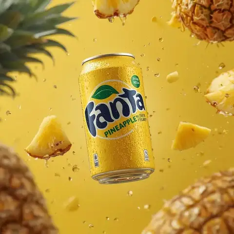 Промпт для рекламной фотографии жёлтой банки Fanta с ломтиками ананаса в воздухе.
