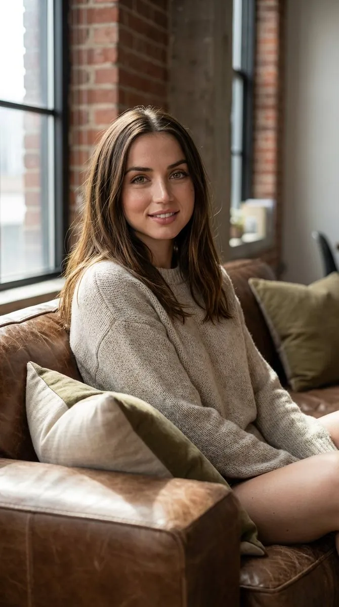 Ana de Armas в мягком свитере сидит на кожаном диване в гостиной в стиле лофт. · пример 1