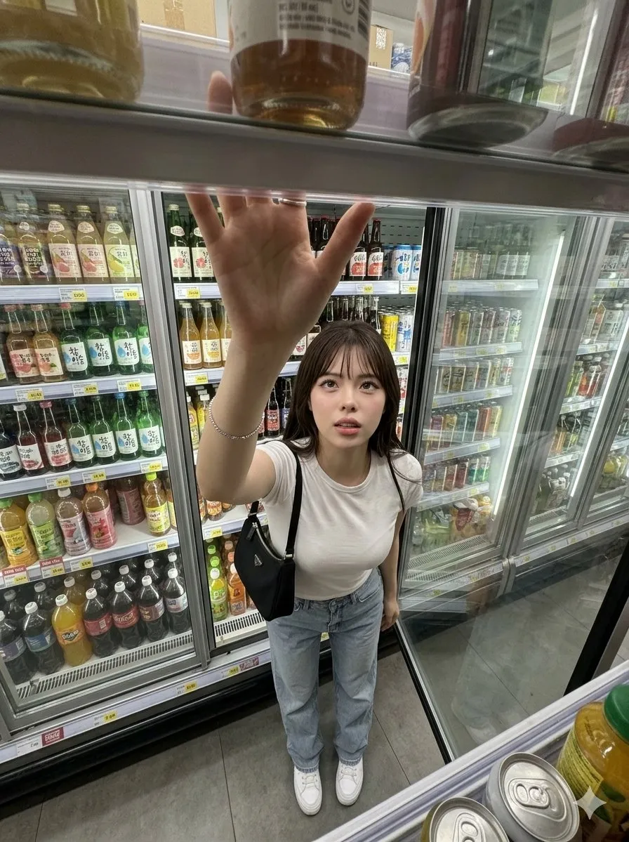 Промпт для фотореалистичной сцены, где женщина тянется за напитком в продуктовом магазине.