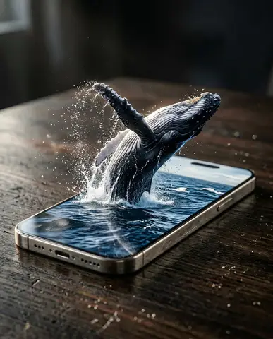 Пример промта для изображения горбатого кита в прыжке внутри экрана iPhone на тёмном деревянном столе.