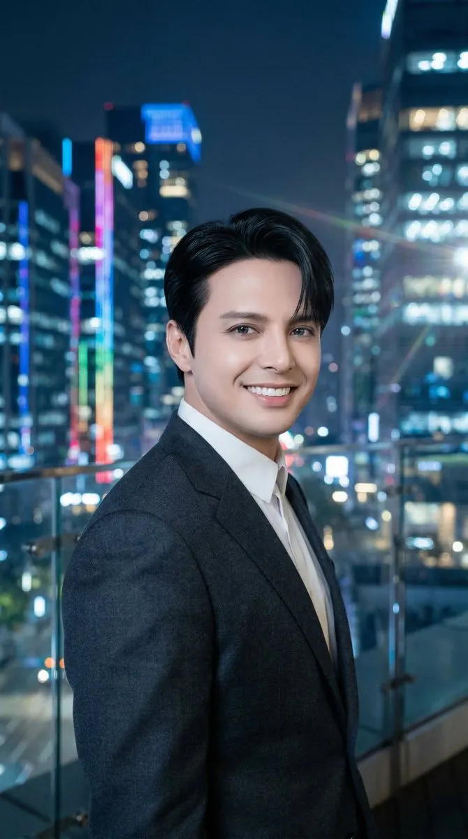 Промпт для ночного портрета Luis Miguel в тёмном костюме на улицах Каннама.