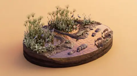 Изометрическая 3D-диорама природной среды с растениями, водой, камнями и животными.