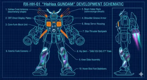 Чертёж собственной версии Gundam с ретро-хромом и десятью подписями к деталям.