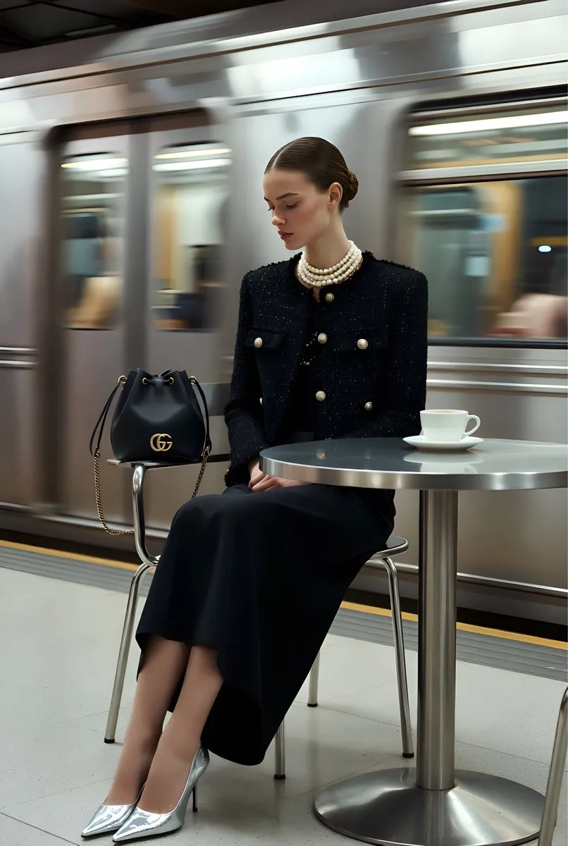 Пример из источника для модной сцены с сумкой Gucci на платформе метро. · пример 4