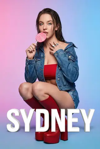 Пример портрета женщины с розовым леденцом и крупными белыми буквами SYDNEY на розово-синем фоне.