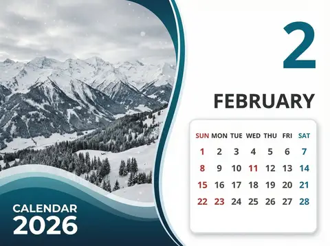 Макет календаря на февраль 2026 года с альпийским зимним фото, бирюзовыми волнами и чистой типографикой.