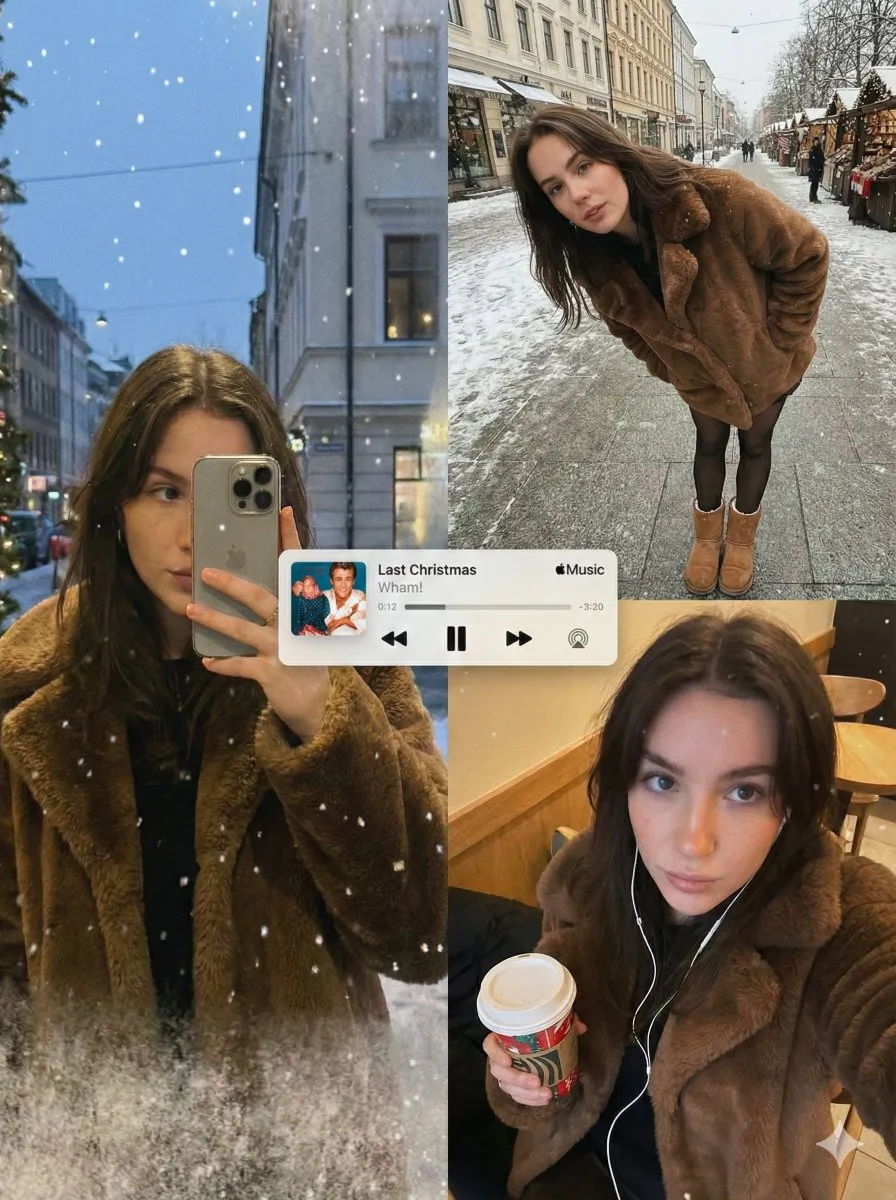 Зимний коллаж из трёх сцен с женщиной в меховом пальто и мини-плеером.