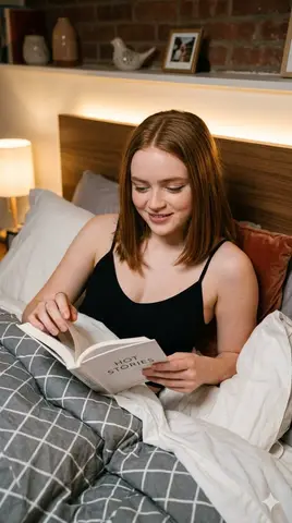 Женщина лежит в кровати с раскрытой книгой HOT STORIES и читает при тёплом свете.