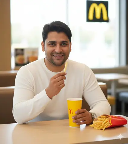 Мужчина в McDonald's: в одной сцене улыбается с картофелиной фри, в другой смотрит в окно.