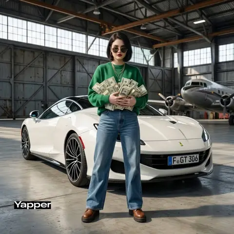 Женщина в объёмной куртке стоит рядом с белым спорткаром и пачками денег в ангаре.