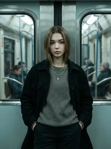 Пример промта для портрета женщины у двери вагона метро с размытыми пассажирами на фоне.