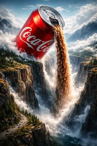 Огромная банка Coca-Cola льёт поток колы в глубокий каньон, словно водопад.