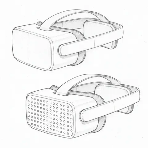 Карандашный эскиз белой минималистичной VR-гарнитуры с вентиляционными отверстиями.