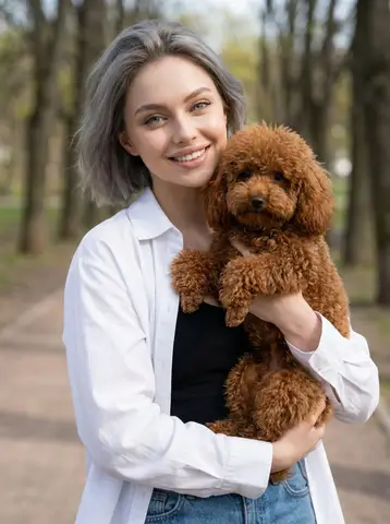Молодая женщина в белой рубашке держит на руках небольшую кудрявую собаку на городской прогулке.