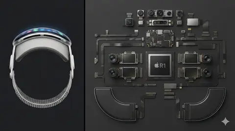 Пример сравнения Apple Vision Pro целиком и его внутренних компонентов в разложенном виде.