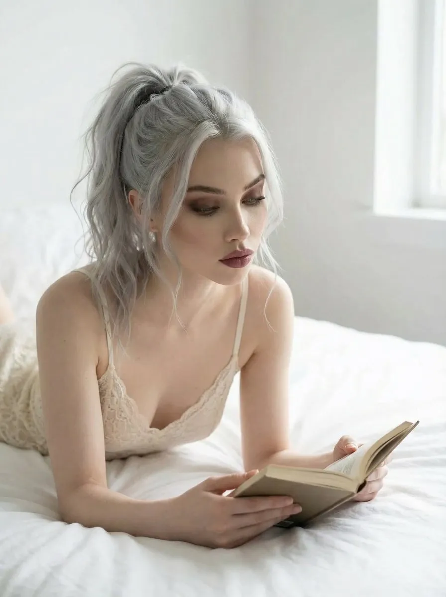 Женщина с серебристыми волосами лежит на белой кровати и читает книгу.