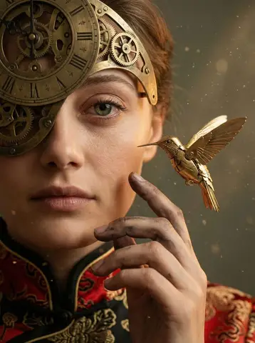 Пример сцены для портрета с латунным часовым механизмом и механической колибри.