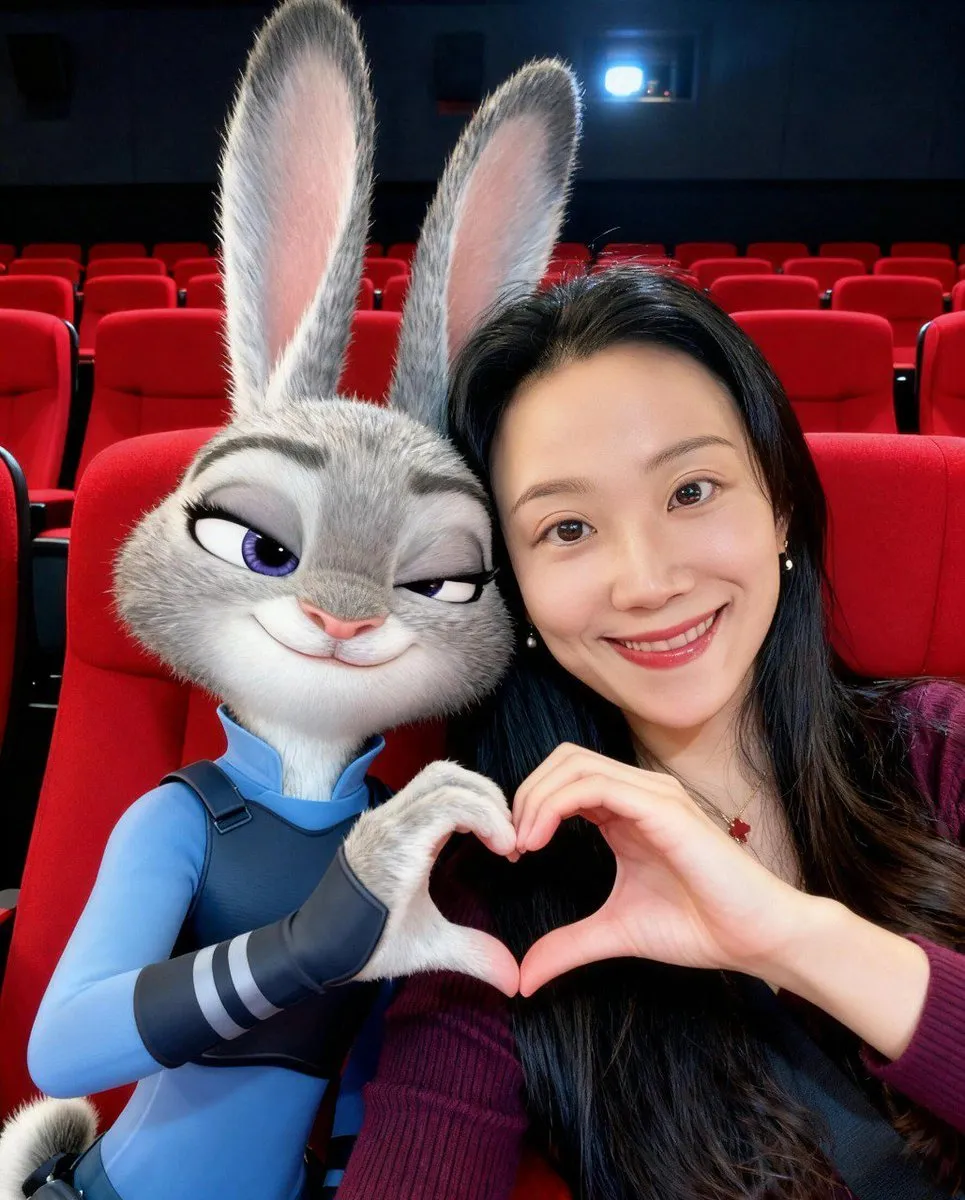 Человек фотографируется с Джуди и Ником на фоне улицы Zootopia. · пример 1