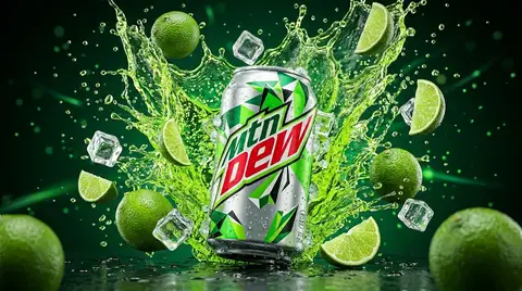 Пример JSON-промпта для предметной съёмки банки Mountain Dew с динамичным всплеском жидкости.