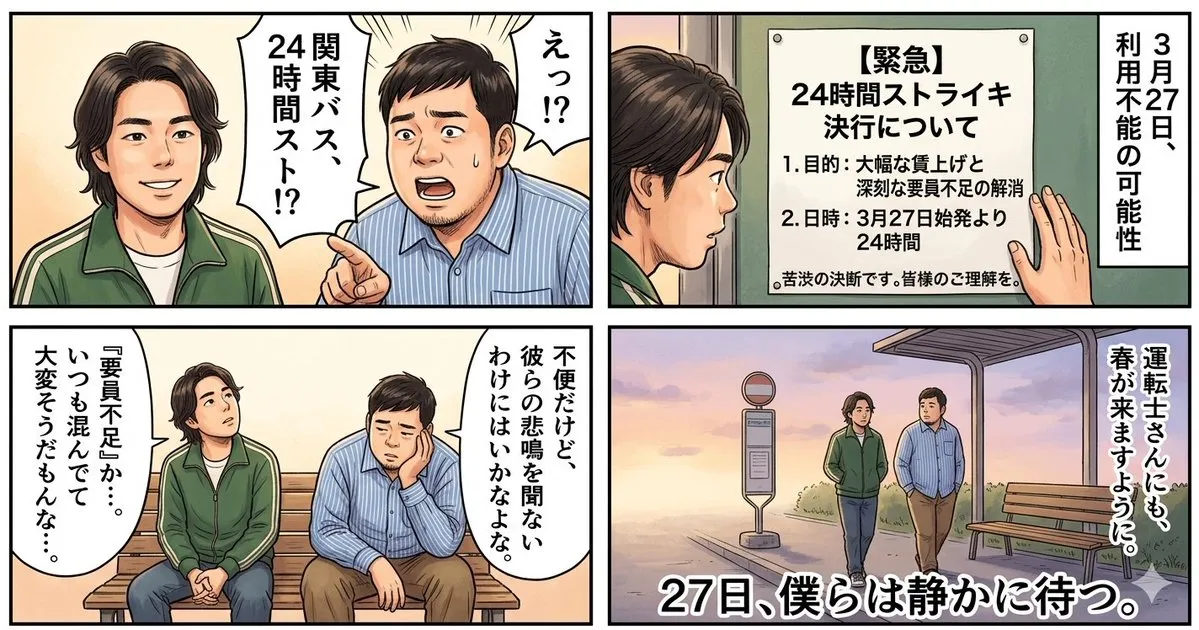 Четырёхпанельная манга The Day Our Bus Stops о забастовке Kanto Bus