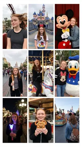 Коллаж 3x3 показывает разные моменты прогулки молодой женщины по Disneyland: аттракционы, замок, персонажи, еда и вечерние огни.