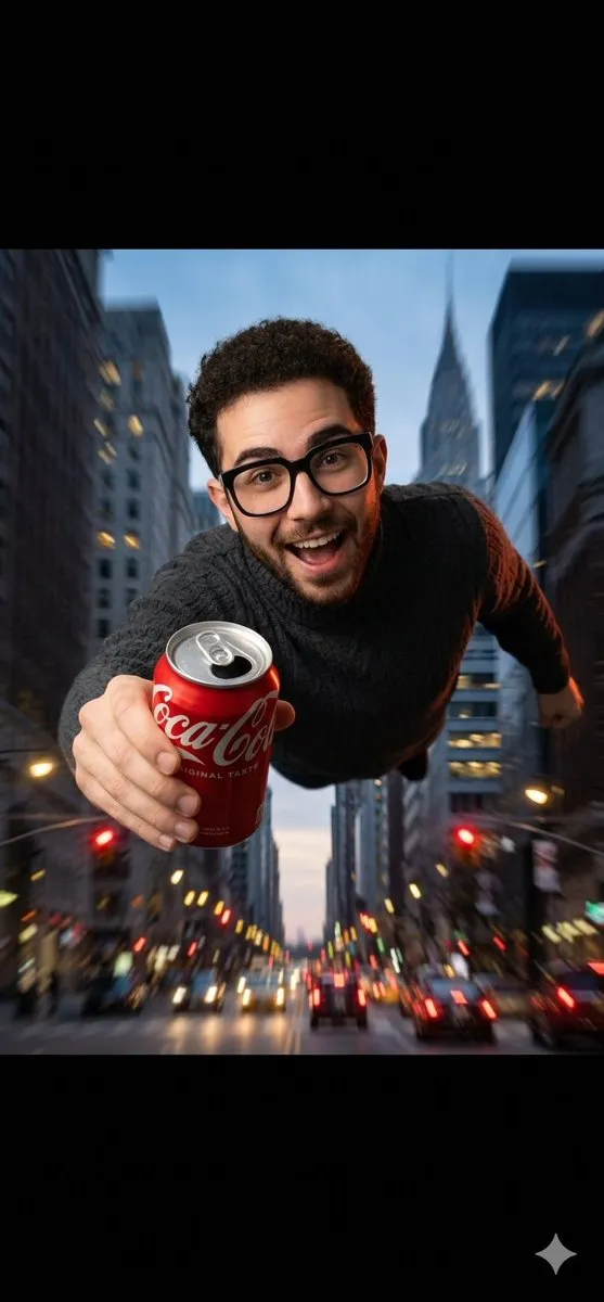 Промпт для широкоугольного кадра летящих над городом мужчин с банкой Coca-Cola.