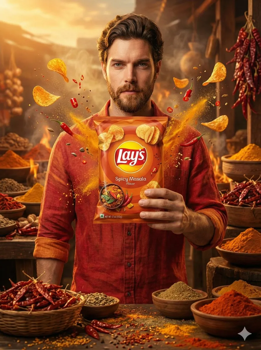Мужчина держит пачку Lay’s на фоне разлетающихся в замедленном движении чипсов. · пример 2