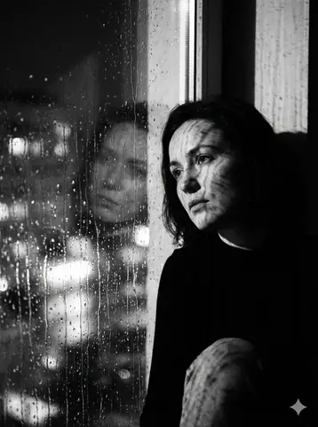 Промпт для чёрно-белого портрета женщины у дождливого окна ночью