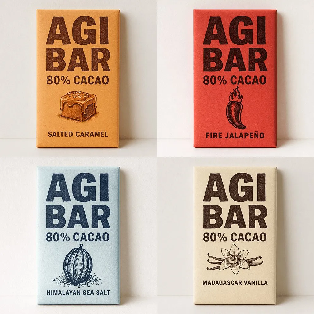 Промпт для сетки из четырёх плиток шоколада AGI BAR в студийной композиции.