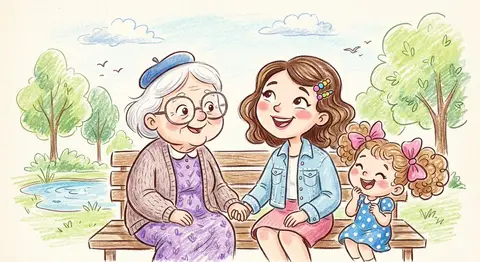 Пример семейной сцены на пикнике с бабушкой, девочкой и домашним кроликом.