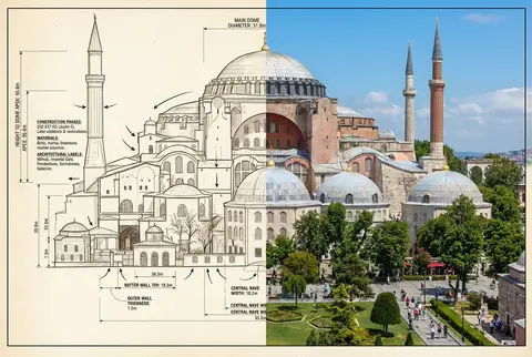 Промпт описывает изображение из двух частей: технический эскиз Hagia Sophia слева и её фотографию справа.